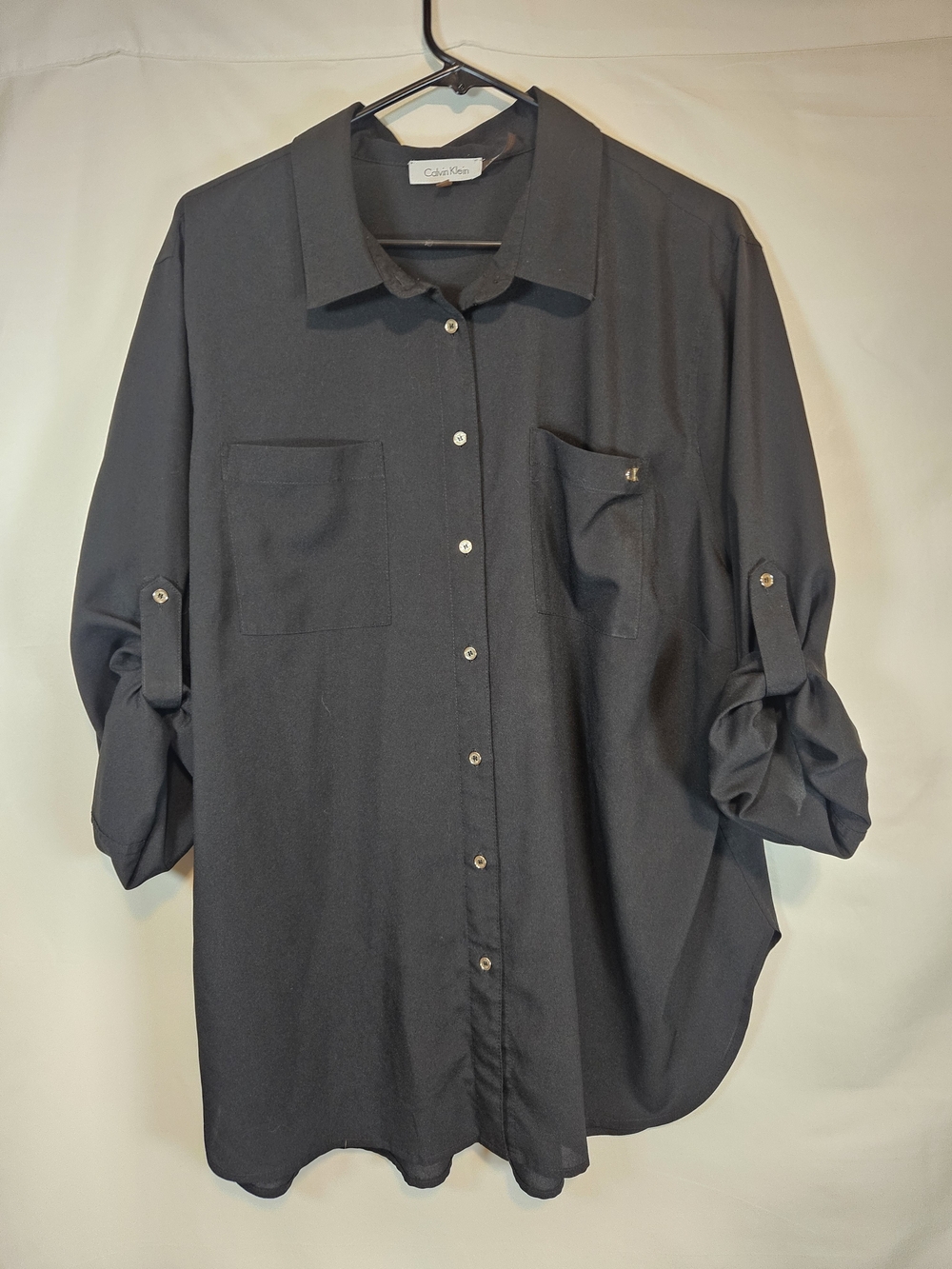 Calvin Klein Black Relaxed Button-Down Shirt with Roll-Tab Sleeves